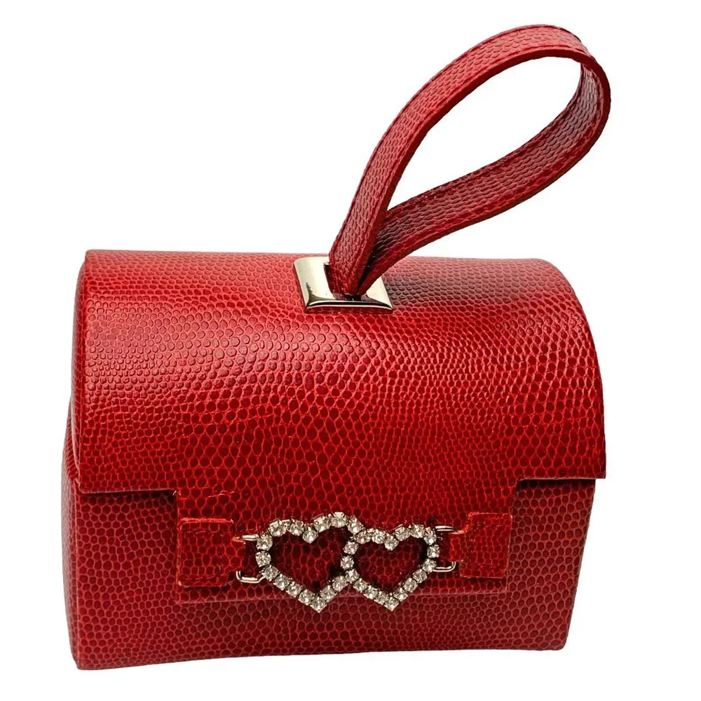 JEUN BANG  Embossed Faux Leather Rhinestone Heart Accents‎ Travel Jewelry Box